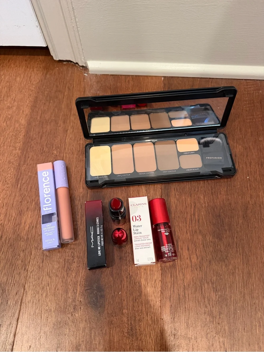 Profusion contour set, Florence lip gloss, MAC lipstick, clarins lip stains